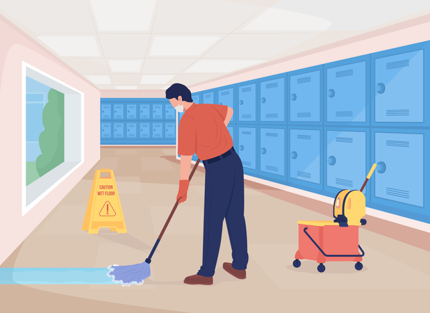 Cleaning school passageway Illustration