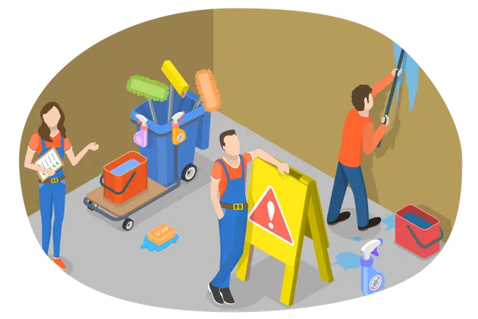 3 D Isometric Flat Vector Conceptual Illustration Of Cleaning Service Staff With Cleaning Equipment Illustration