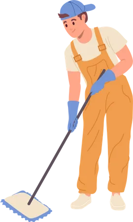 Flat Cartoon Man Janitor Professional Cleaning Service Worker Character Sweeping Floor With Mop Equipment Vector Illustration Housekeeping Occupation Routine Chores And Hygiene Activity Concept Illustration