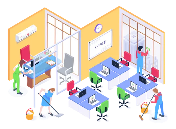 Persons With Mop Isometric Illustration Of Cleaning Staff Illustration