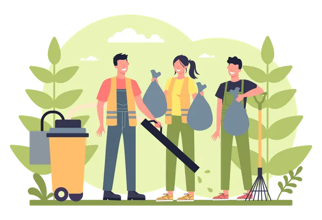 Cleaning staff collecting garbage Illustration