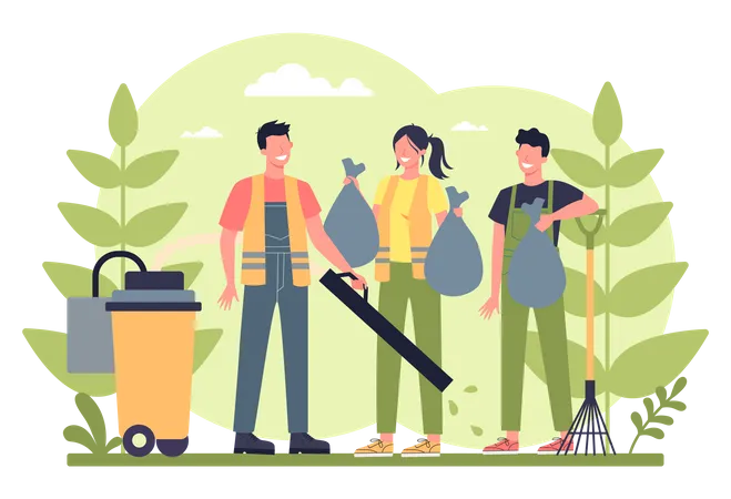 Cleaning staff collecting garbage  Illustration