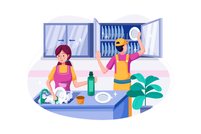 Cleaning team is washing and arranging the dishes Illustration