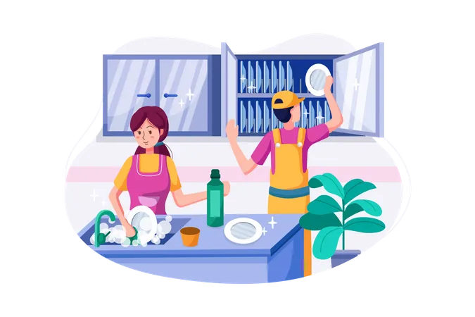 Cleaning team is washing and arranging the dishes Illustration