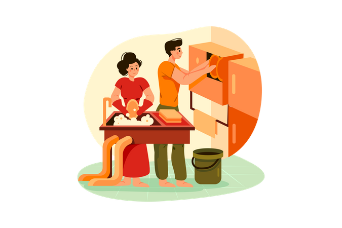 Cleaning team washing and arranging the dishes  Illustration