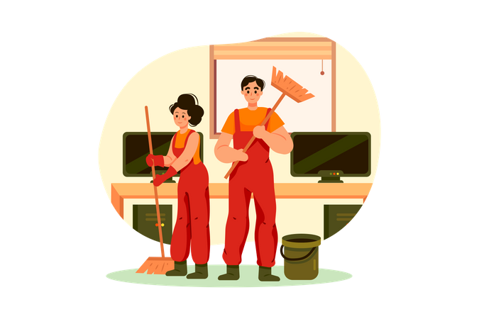 Cleaning team with broom  Illustration