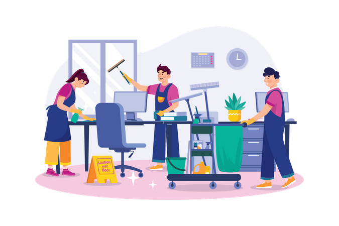 Cleaning Team With Professional Equipment Cleaning Office Illustration