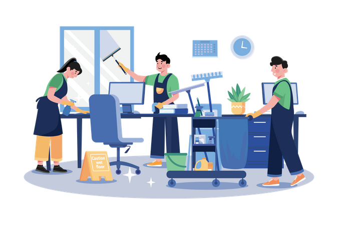 Cleaning Team With Professional Equipment Cleaning Office Illustration