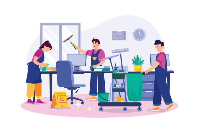 Cleaning Team With Professional Equipment Cleaning Office  일러스트레이션