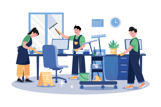 Cleaning Team With Professional Equipment Cleaning Office  일러스트레이션