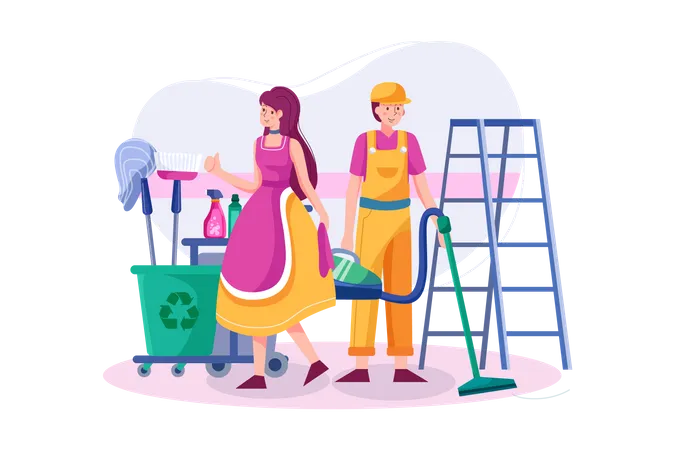 Cleaning team with professional equipment is ready to work  Illustration