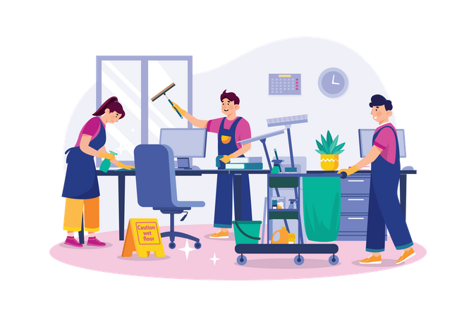 Cleaning Team With Professional Equipment Cleaning Office  Illustration