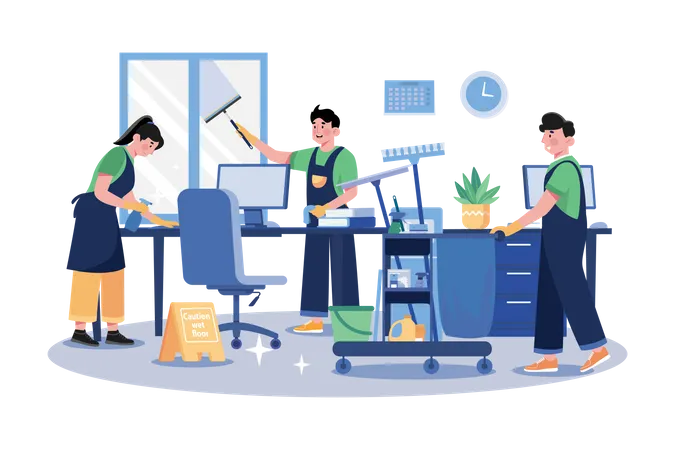 Cleaning Team With Professional Equipment Cleaning Office  Illustration