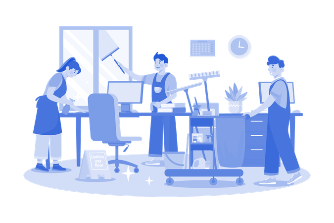 Cleaning Team With Professional Equipment Cleaning Office  Illustration