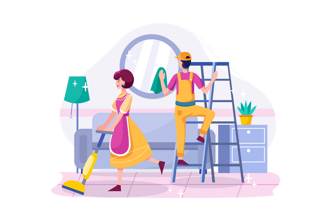 Cleaning team with professional tools tidying up living room .  Illustration