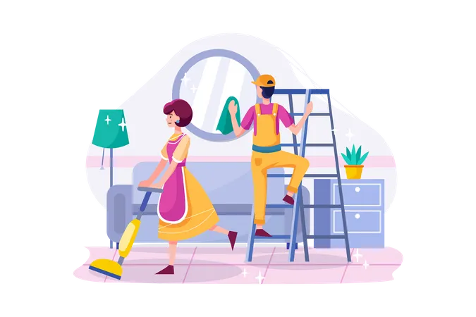 Cleaning Team With Professional Tools Tidying Up Living Room Illustration