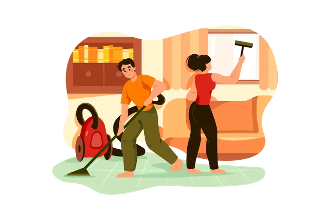 Cleaning team with vacuum cleaner  イラスト