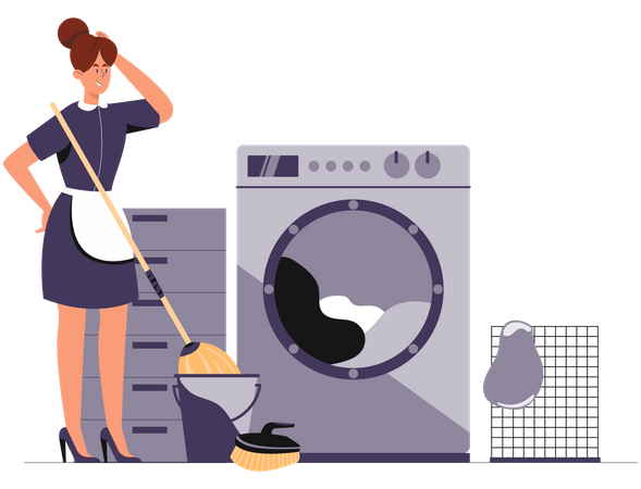 Cleaning woman sweeping, mopping and washing the clothes in the washing machine  Illustration