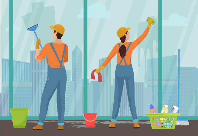 Cleaning worker clean window  Illustration