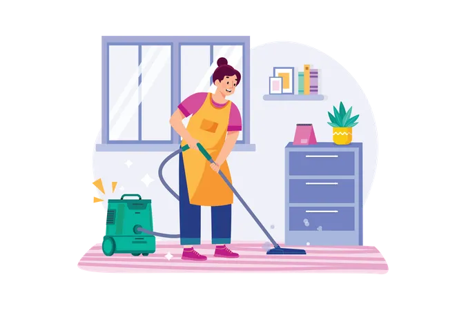 Cleaning Worker Cleaning Floor With The Vacuum Cleaner Illustration
