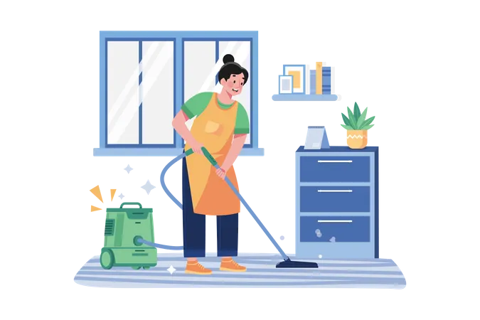 Cleaning Worker Cleaning Floor With The Vacuum Cleaner Illustration