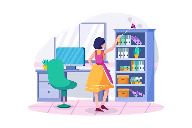 Cleaning worker cleans the office with Feather brush.  Illustration