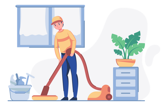 Cleaning worker doing vacuum cleaning clean floor at home  Illustration