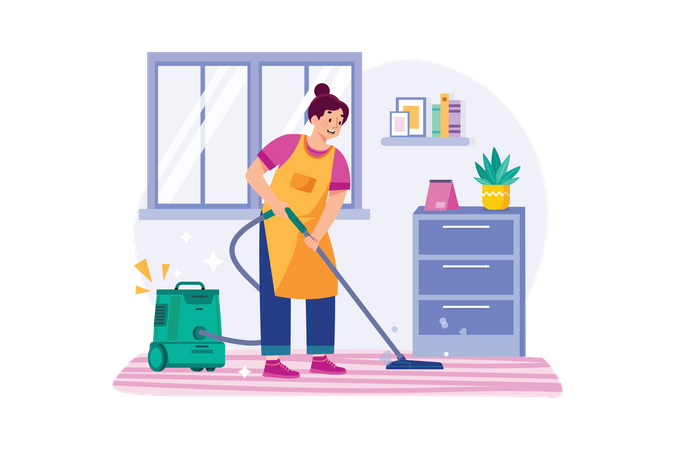 Cleaning Worker Cleaning Floor With The Vacuum Cleaner  Illustration