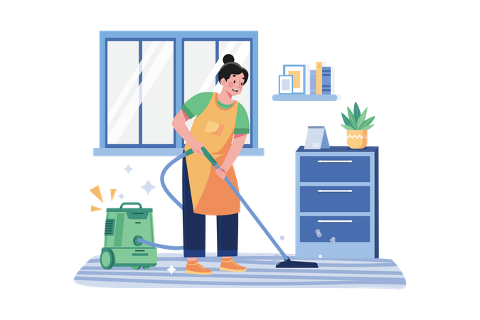 Cleaning Worker Cleaning Floor With The Vacuum Cleaner  Illustration