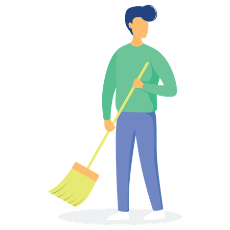 Cleaning worker holding broom Illustration