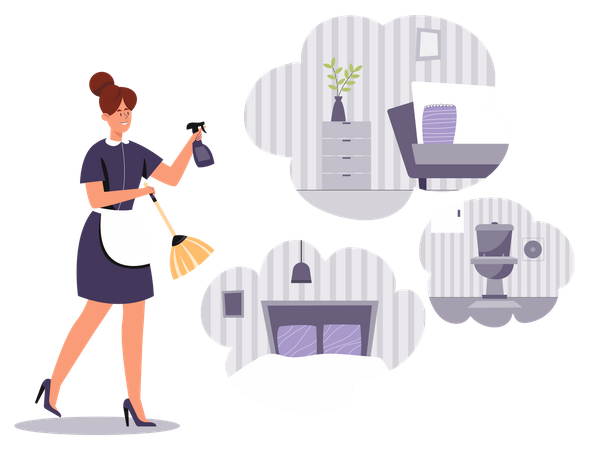Cleaning worker sweeping dust in house  イラスト