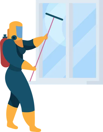 Cleaning worker washing window Illustration