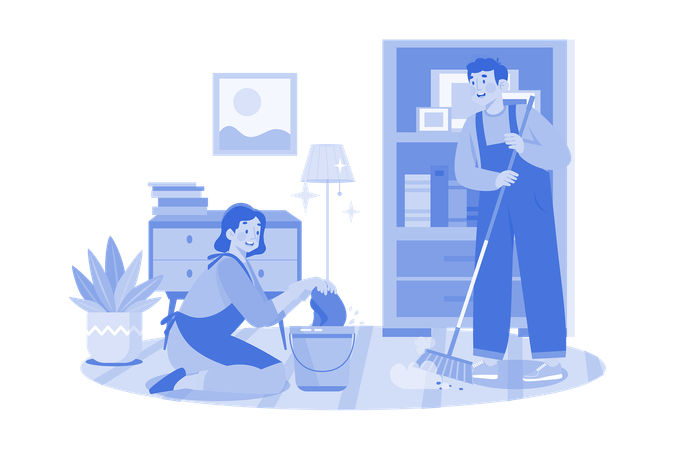 Cleaning Worker With Bucket And Broom  Illustration