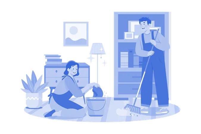 Cleaning Worker With Bucket And Broom  Illustration