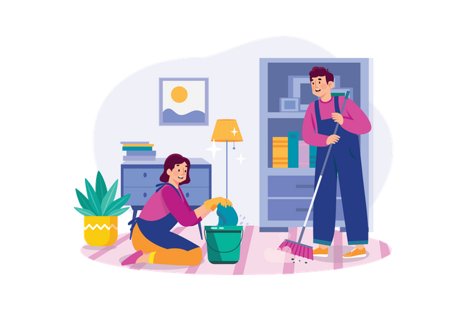 Cleaning Worker With Bucket And Broom Illustration