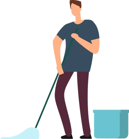 Cleaning worker with bucket and broom  Illustration