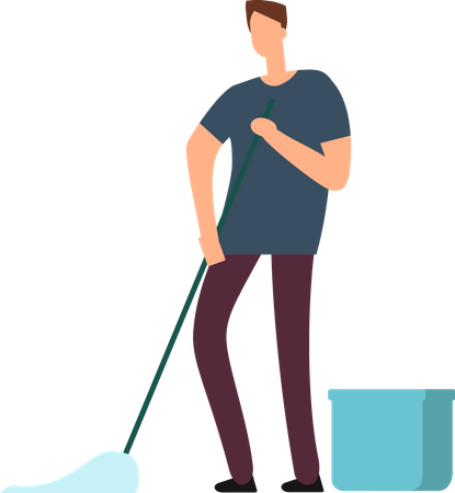 Cleaning worker with bucket and broom  Illustration