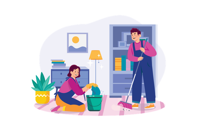 Cleaning Worker With Bucket And Broom  Illustration