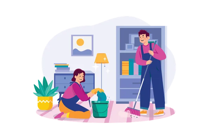 Cleaning Worker With Bucket And Broom  Illustration