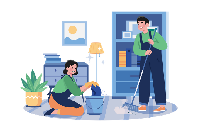 Cleaning Worker With Bucket And Broom  Illustration