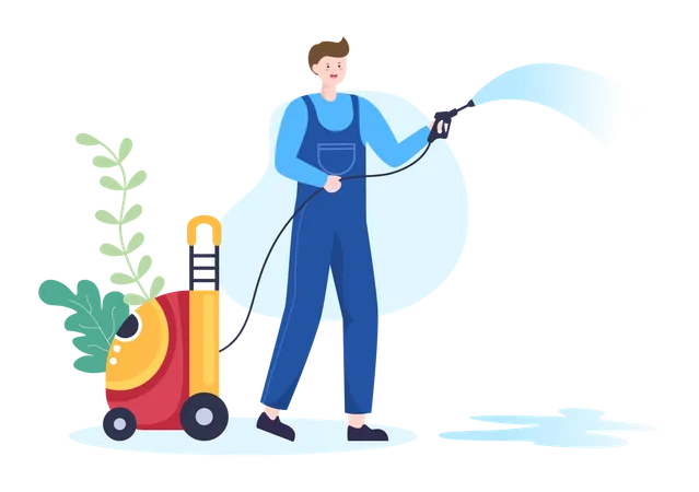 Cleaning Worker with Power Washing Illustration