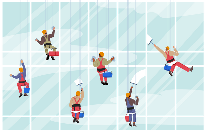 Cleaning workers Cleaning Building exterior glass  イラスト