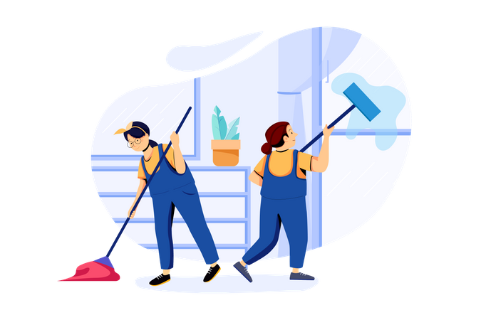 Cleaning workers cleaning house with mop  イラスト