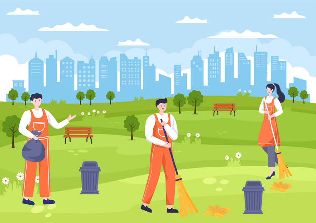 Cleaning workers cleaning park Illustration