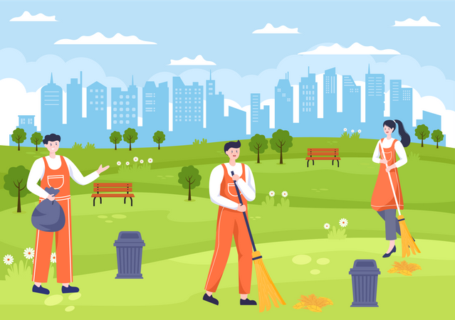 Cleaning workers cleaning park  イラスト