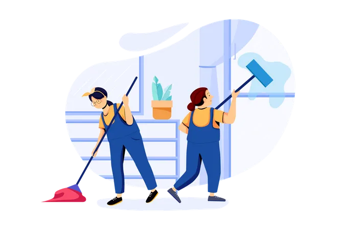 Cleaning workers cleaning house with mop  Illustration