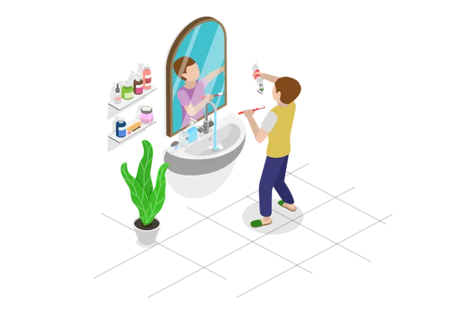 3 D Isometric Flat Vector Illustration Of Cleanliness And Hygiene Morning Routine Illustration
