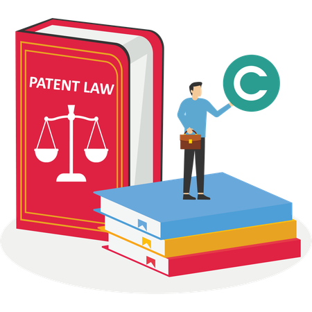 Clerk standing on law book while holding copyright symbol  Illustration