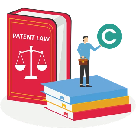 Clerk standing on law book while holding copyright symbol  Illustration