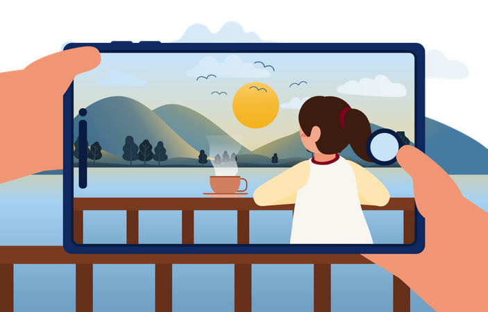 Clicking picture of a woman in landscape Illustration